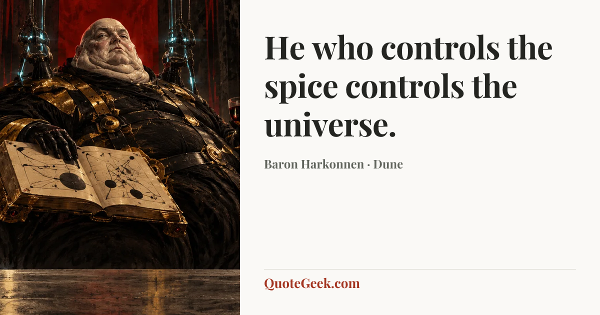 “He who controls the spice controls the universe.” — Baron Harkonnen · Dune. Illustrated QuoteGeek card.