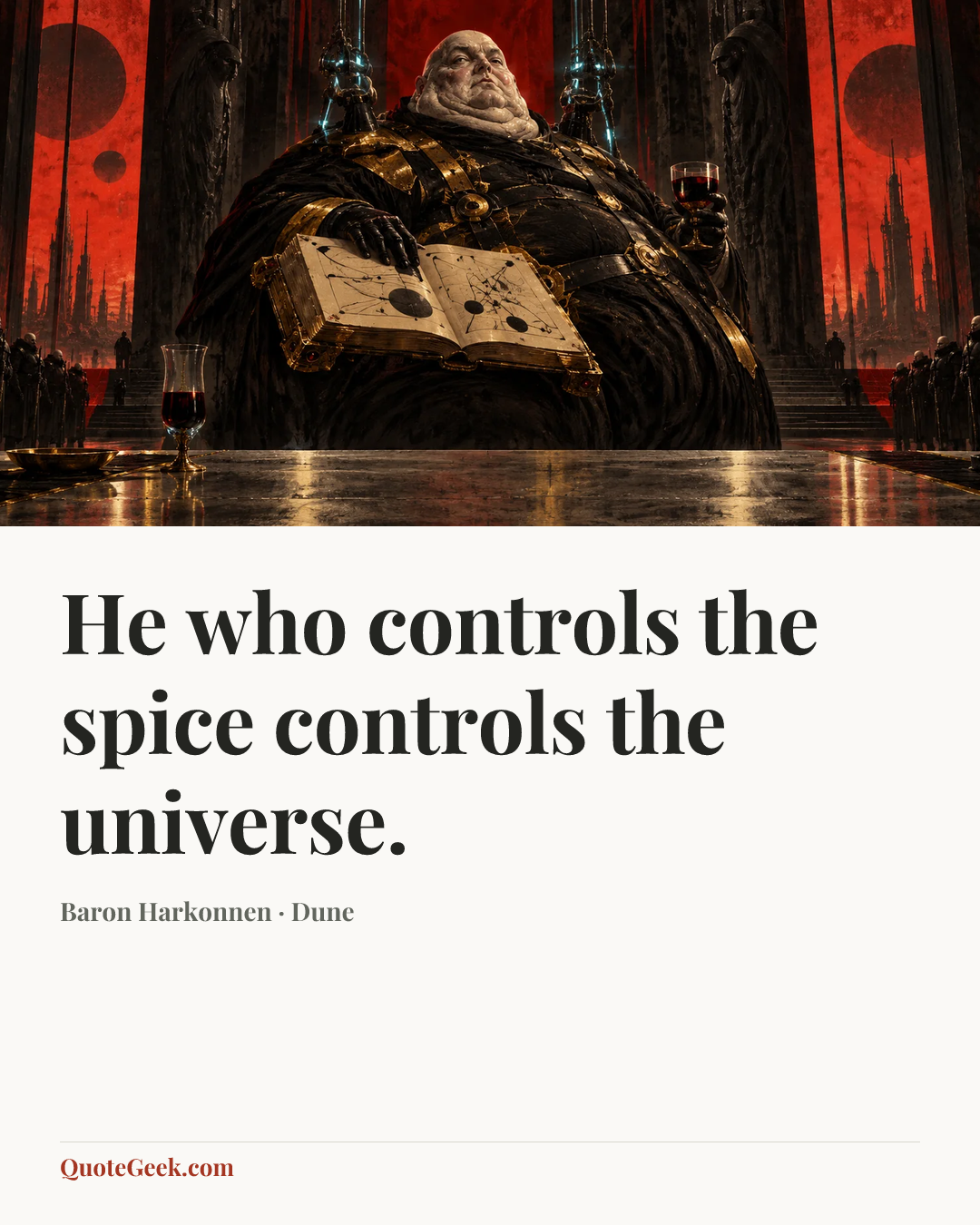“He who controls the spice controls the universe.” — Baron Harkonnen · Dune. Illustrated QuoteGeek card.