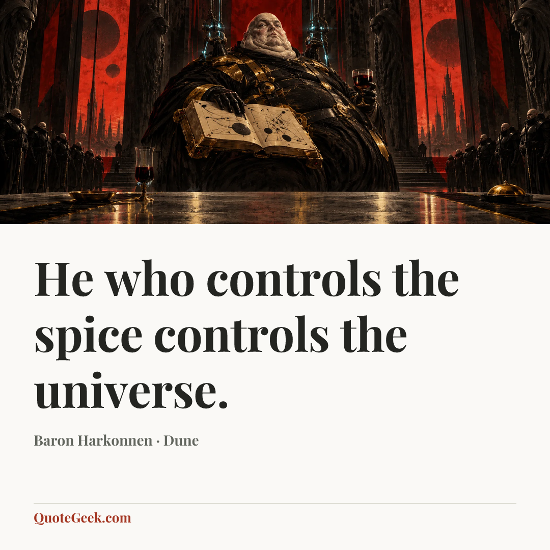 “He who controls the spice controls the universe.” — Baron Harkonnen · Dune. Illustrated QuoteGeek card.