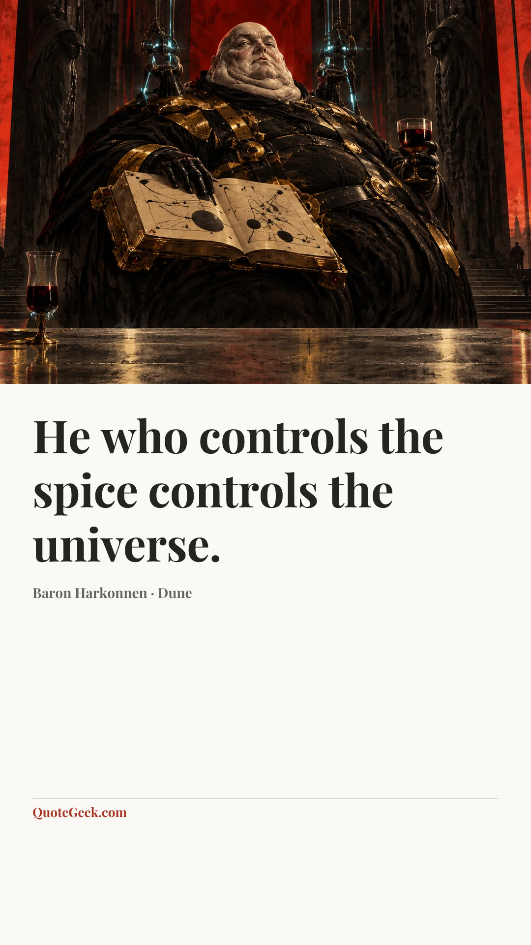“He who controls the spice controls the universe.” — Baron Harkonnen · Dune. Illustrated QuoteGeek card.