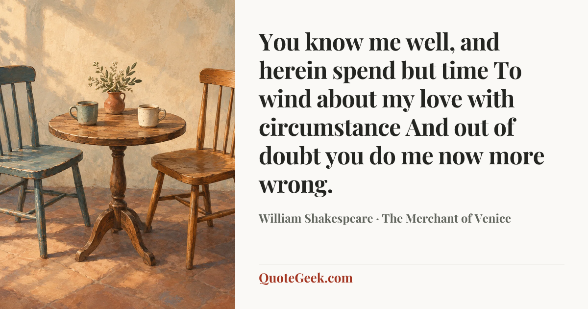 “You know me well, and herein spend but time
To wind about my love with circumstance
And out of doubt you do me now more wrong.” — William Shakespeare · The Merchant of Venice. Illustrated QuoteGeek card.