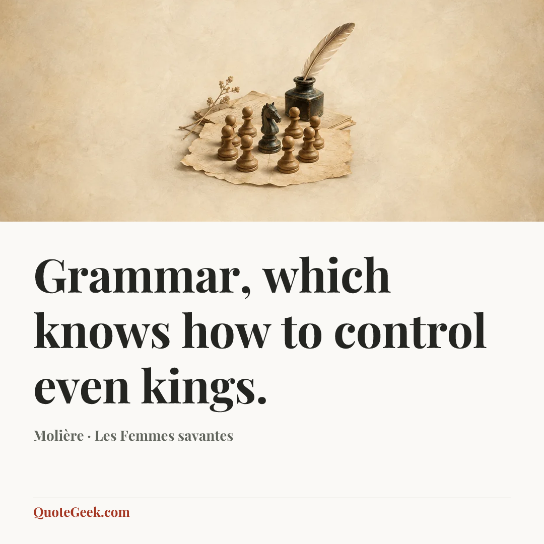 “Grammar, which knows how to control even kings.” — Molière · Les Femmes savantes. Illustrated QuoteGeek card.