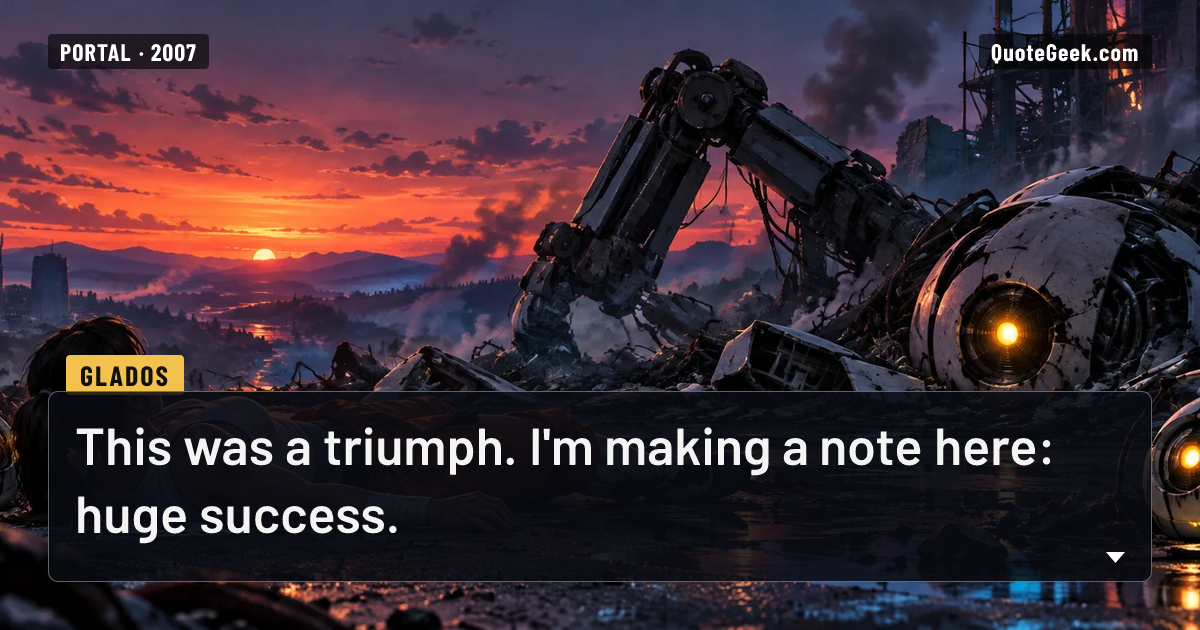 “This was a triumph. I'm making a note here: huge success.” — GLaDOS · Portal. Illustrated QuoteGeek card.