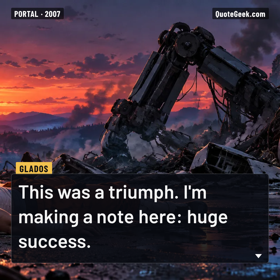 “This was a triumph. I'm making a note here: huge success.” — GLaDOS · Portal. Illustrated QuoteGeek card.