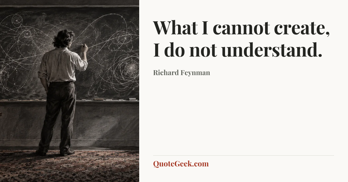 “What I cannot create, I do not understand.” — Richard Feynman. Illustrated QuoteGeek card.