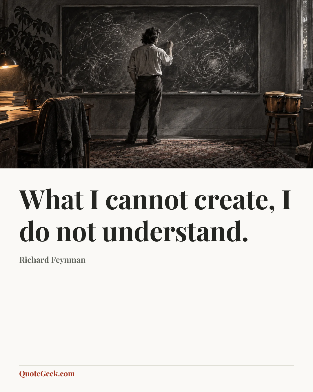 “What I cannot create, I do not understand.” — Richard Feynman. Illustrated QuoteGeek card.