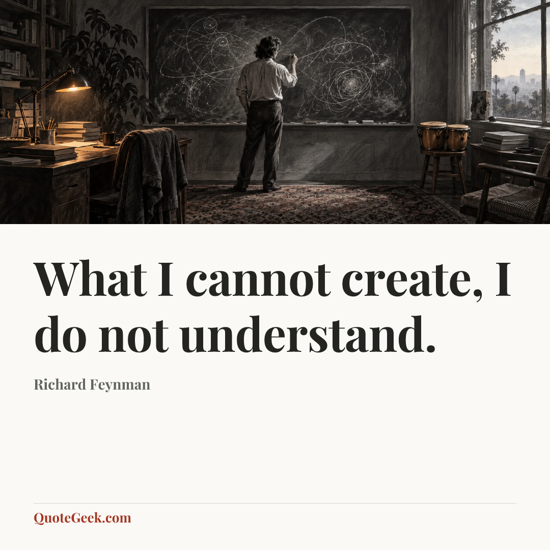 “What I cannot create, I do not understand.” — Richard Feynman. Illustrated QuoteGeek card.