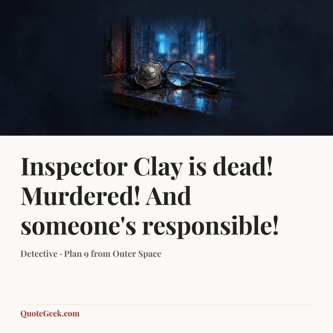 “Inspector Clay is dead! Murdered! And someone's responsible!” — Detective · Plan 9 from Outer Space. Illustrated QuoteGeek card.