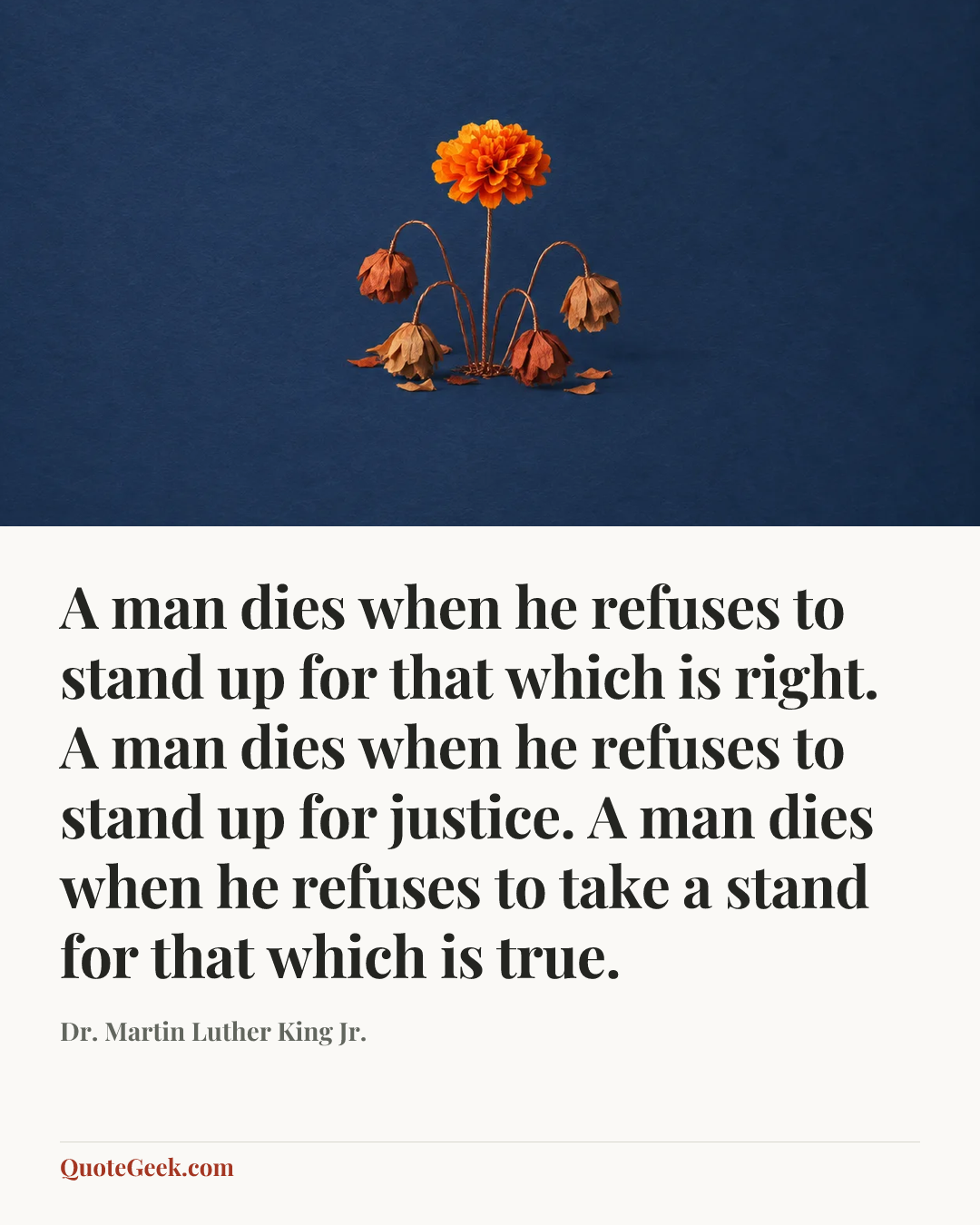 “A man dies when he refuses to stand up for that which is right. A man dies when he refuses to stand up for justice. A man dies when he refuses to take a stand for that which is true.” — Dr. Martin Luther King Jr.. Illustrated QuoteGeek card.