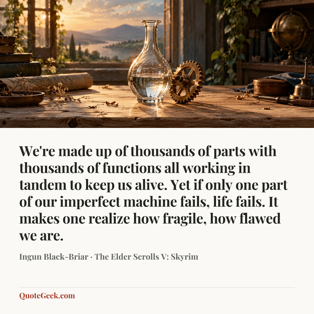 “We're made up of thousands of parts with thousands of functions all working in tandem to keep us alive. Yet if only one part of our imperfect machine fails, life fails. It makes one realize how fragile, how flawed we are.” — Ingun Black-Briar · The Elder Scrolls V: Skyrim. Illustrated QuoteGeek card.