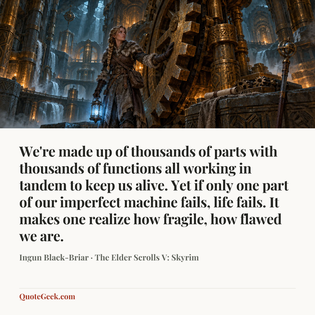 “We're made up of thousands of parts with thousands of functions all working in tandem to keep us alive. Yet if only one part of our imperfect machine fails, life fails. It makes one realize how fragile, how flawed we are.” — Ingun Black-Briar · The Elder Scrolls V: Skyrim. Illustrated QuoteGeek card.