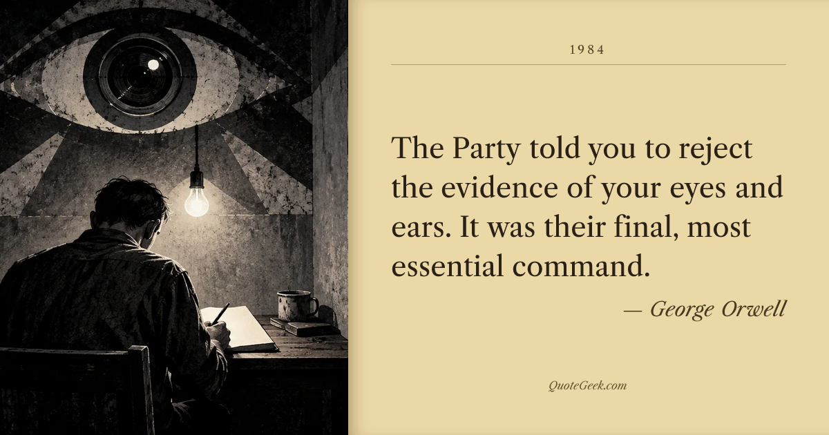 “The Party told you to reject the evidence of your eyes and ears. It was their final, most essential command.” — George Orwell · 1984. Illustrated QuoteGeek card.