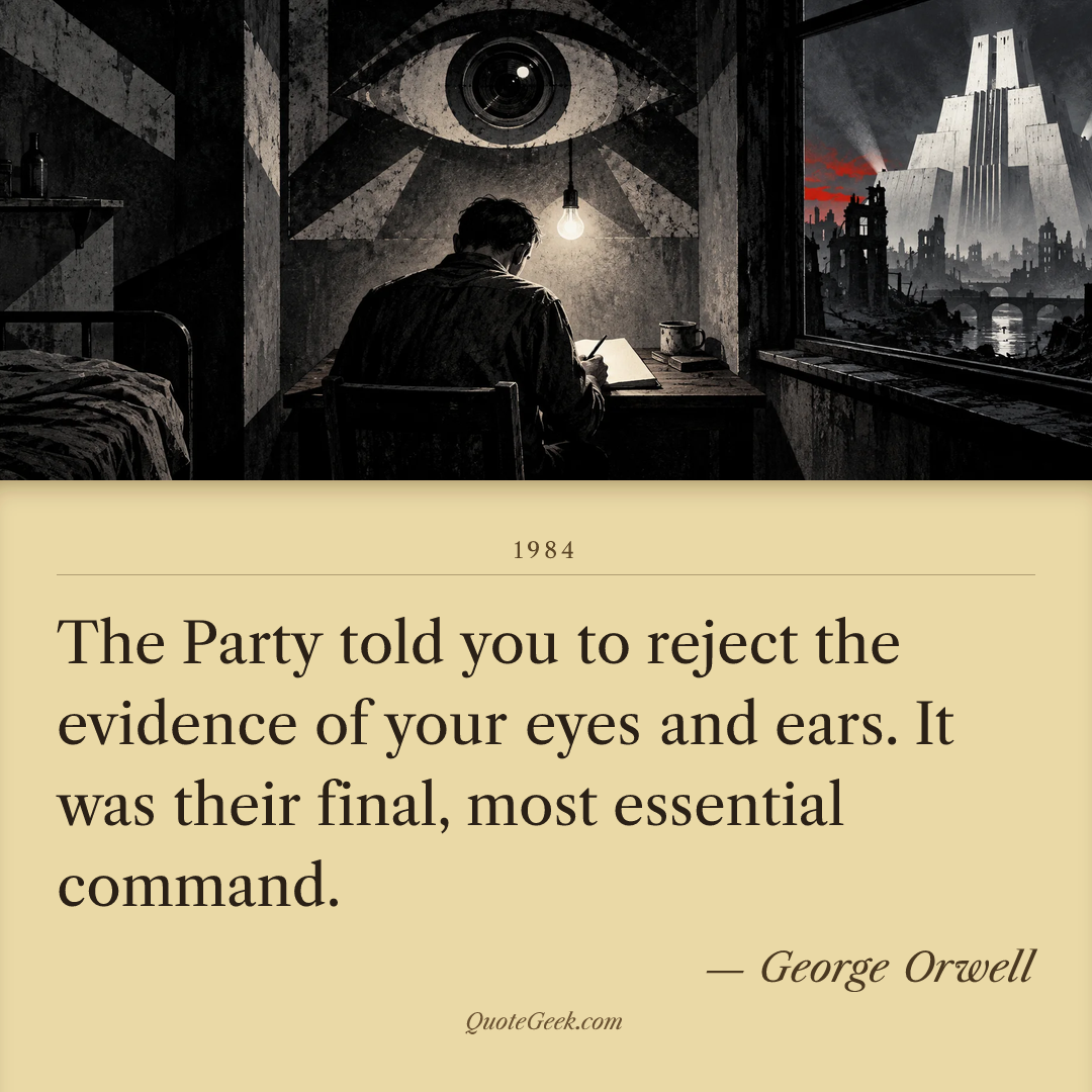 “The Party told you to reject the evidence of your eyes and ears. It was their final, most essential command.” — George Orwell · 1984. Illustrated QuoteGeek card.