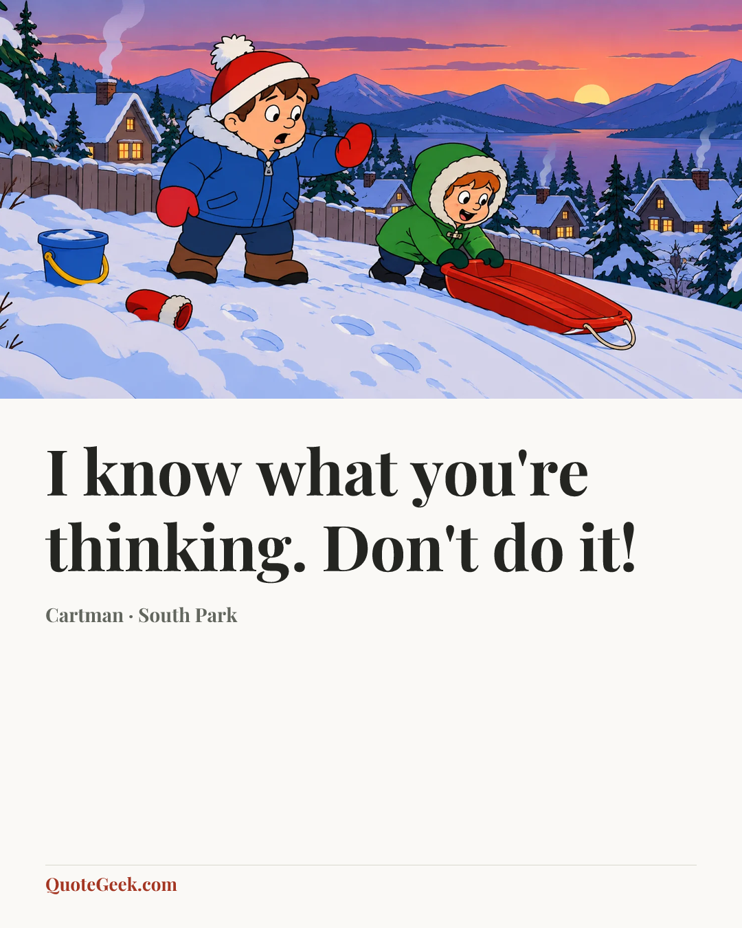 “I know what you're thinking. Don't do it!” — Cartman · South Park. Illustrated QuoteGeek card.
