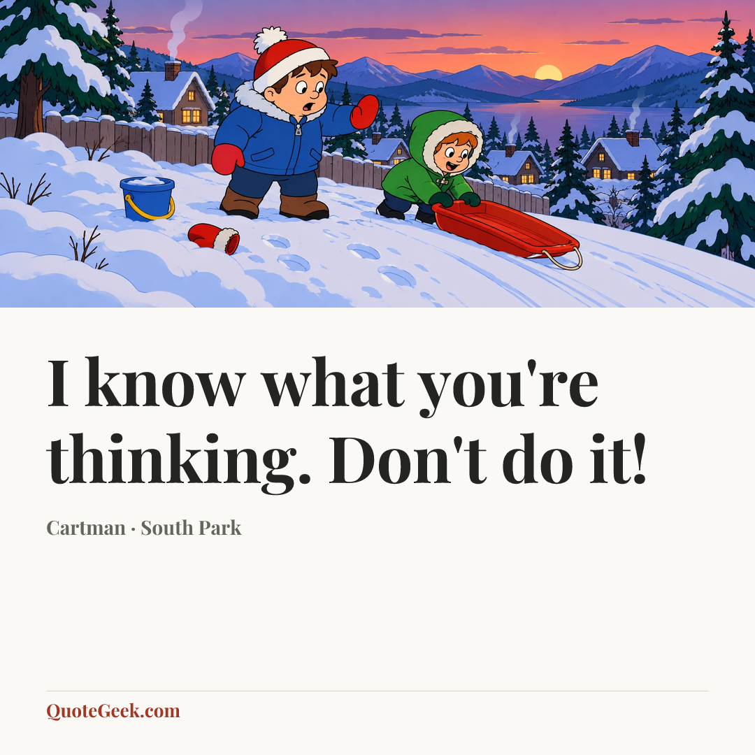 “I know what you're thinking. Don't do it!” — Cartman · South Park. Illustrated QuoteGeek card.