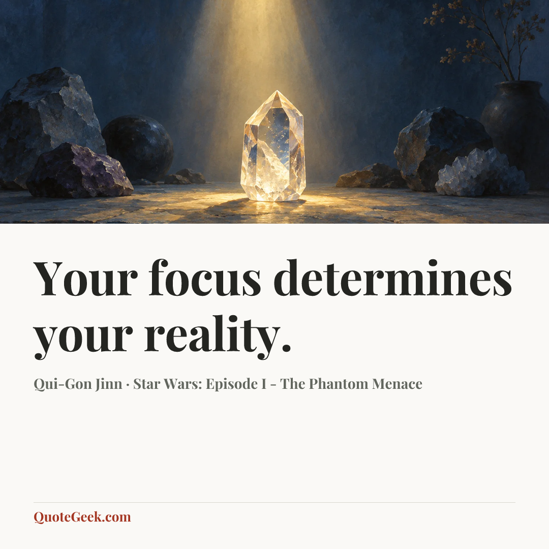 “Your focus determines your reality.” — Qui-Gon Jinn · Star Wars: Episode I - The Phantom Menace. Illustrated QuoteGeek card.