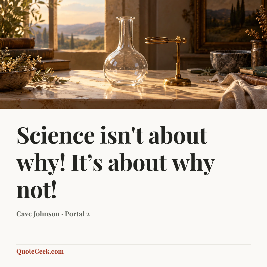 “Science isn't about why! It’s about why not!” — Cave Johnson · Portal 2. Illustrated QuoteGeek card.