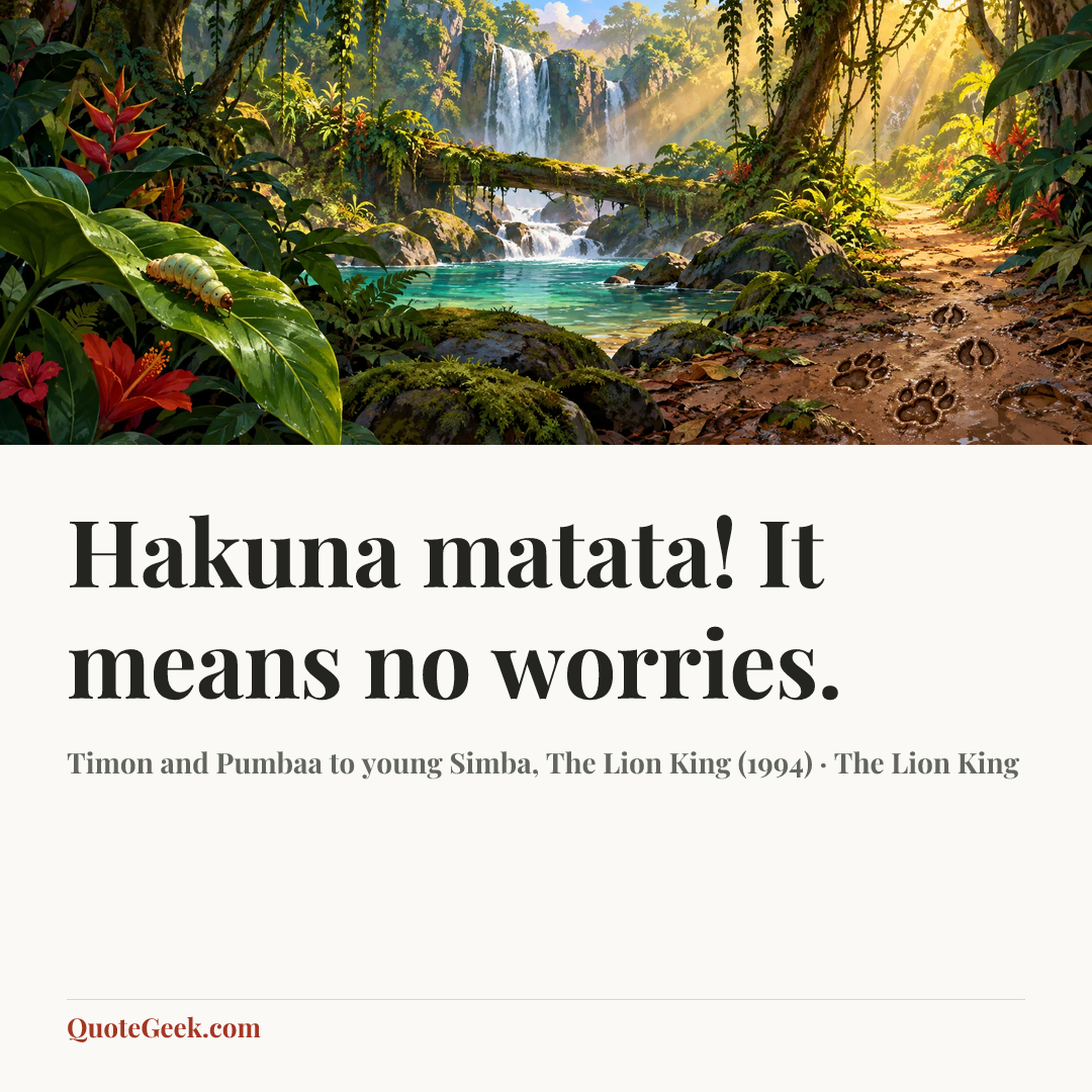 “Hakuna matata! It means no worries.” — Timon and Pumbaa to young Simba, The Lion King (1994) · The Lion King. Illustrated QuoteGeek card.