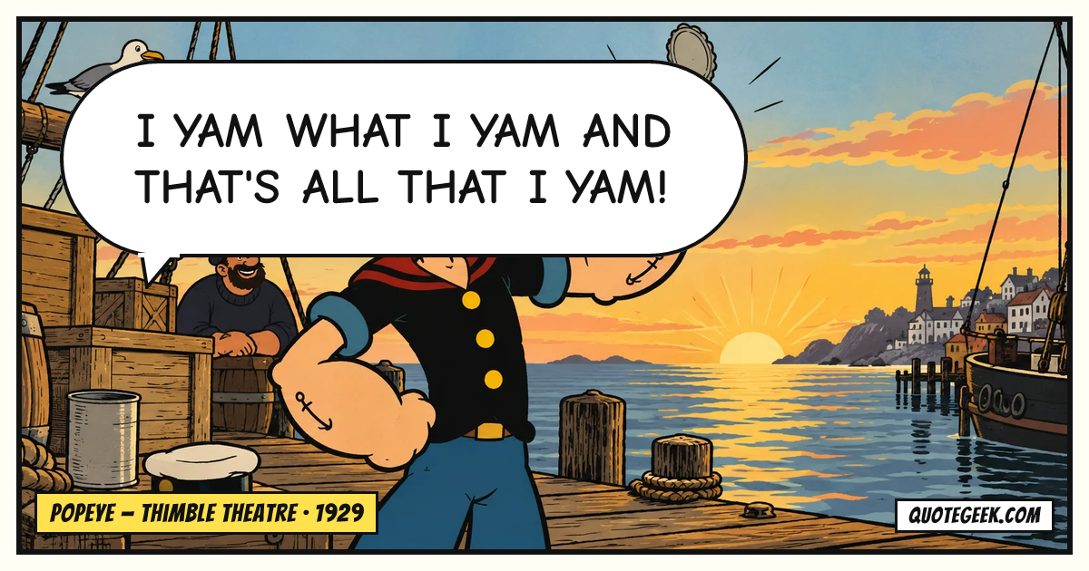 “I yam what I yam and that's all that I yam!” — Popeye · Thimble Theatre. Illustrated QuoteGeek card.