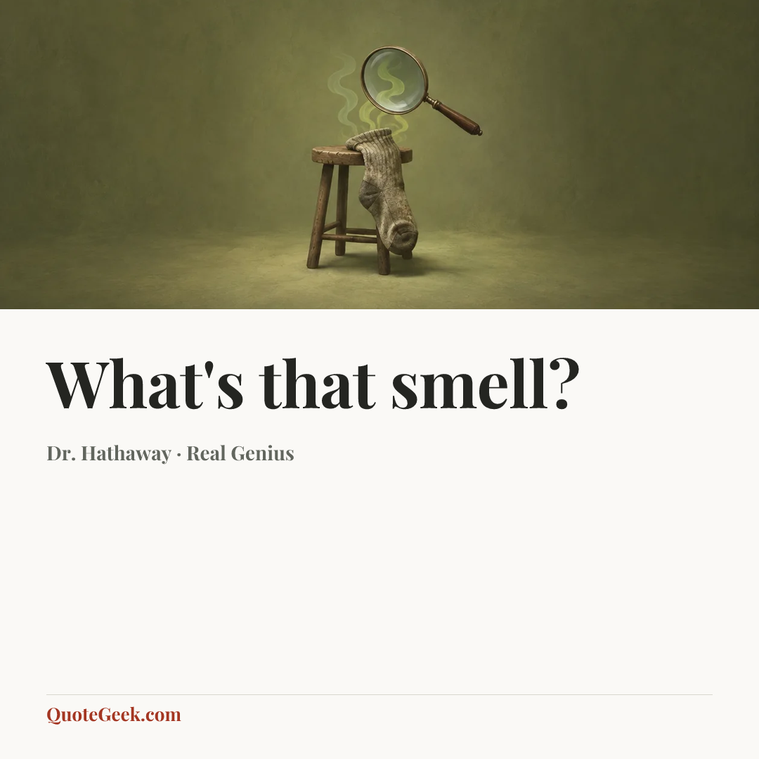“What's that smell?” — Dr. Hathaway · Real Genius. Illustrated QuoteGeek card.