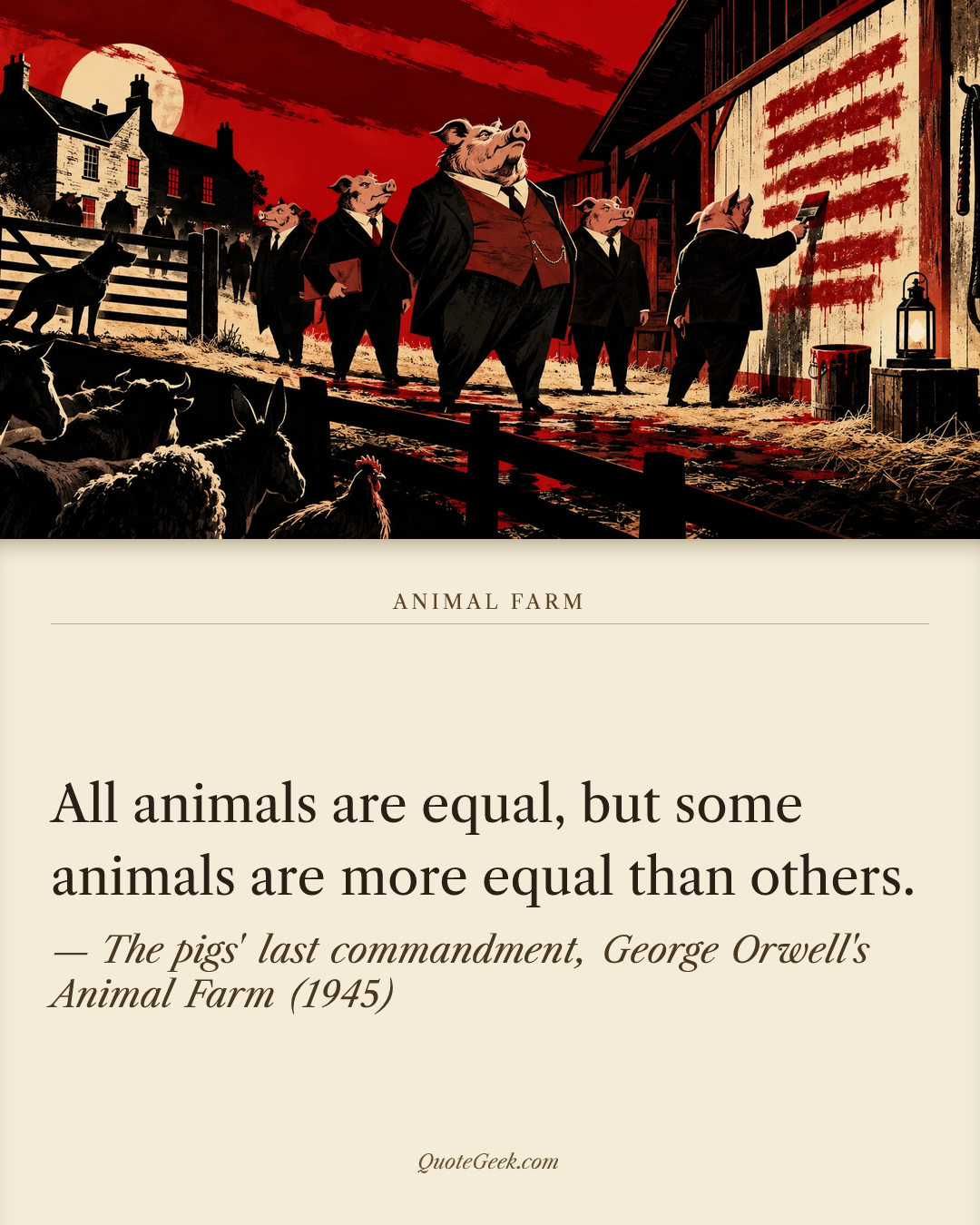 “All animals are equal, but some animals are more equal than others.” — The pigs' last commandment, George Orwell's Animal Farm (1945) · Animal Farm. Illustrated QuoteGeek card.