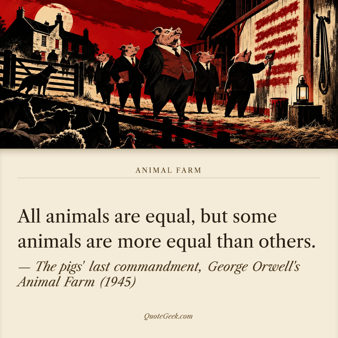 “All animals are equal, but some animals are more equal than others.” — The pigs' last commandment, George Orwell's Animal Farm (1945) · Animal Farm. Illustrated QuoteGeek card.