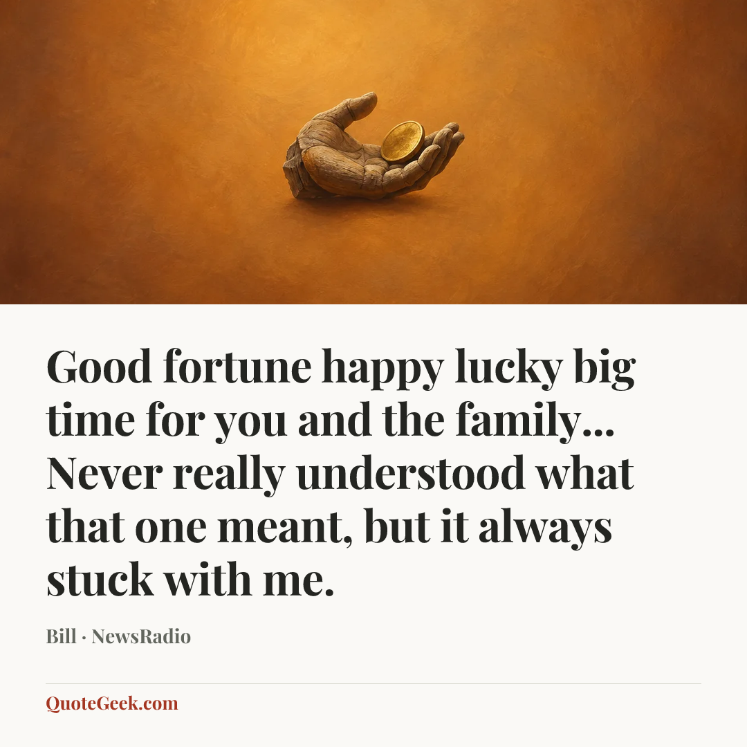 “Good fortune happy lucky big time for you and the family... Never really understood what that one meant, but it always stuck with me.” — Bill · NewsRadio. Illustrated QuoteGeek card.