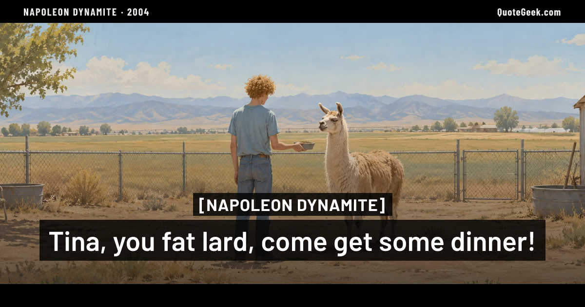 “Tina, you fat lard, come get some dinner!” — Napoleon Dynamite. Illustrated QuoteGeek card.