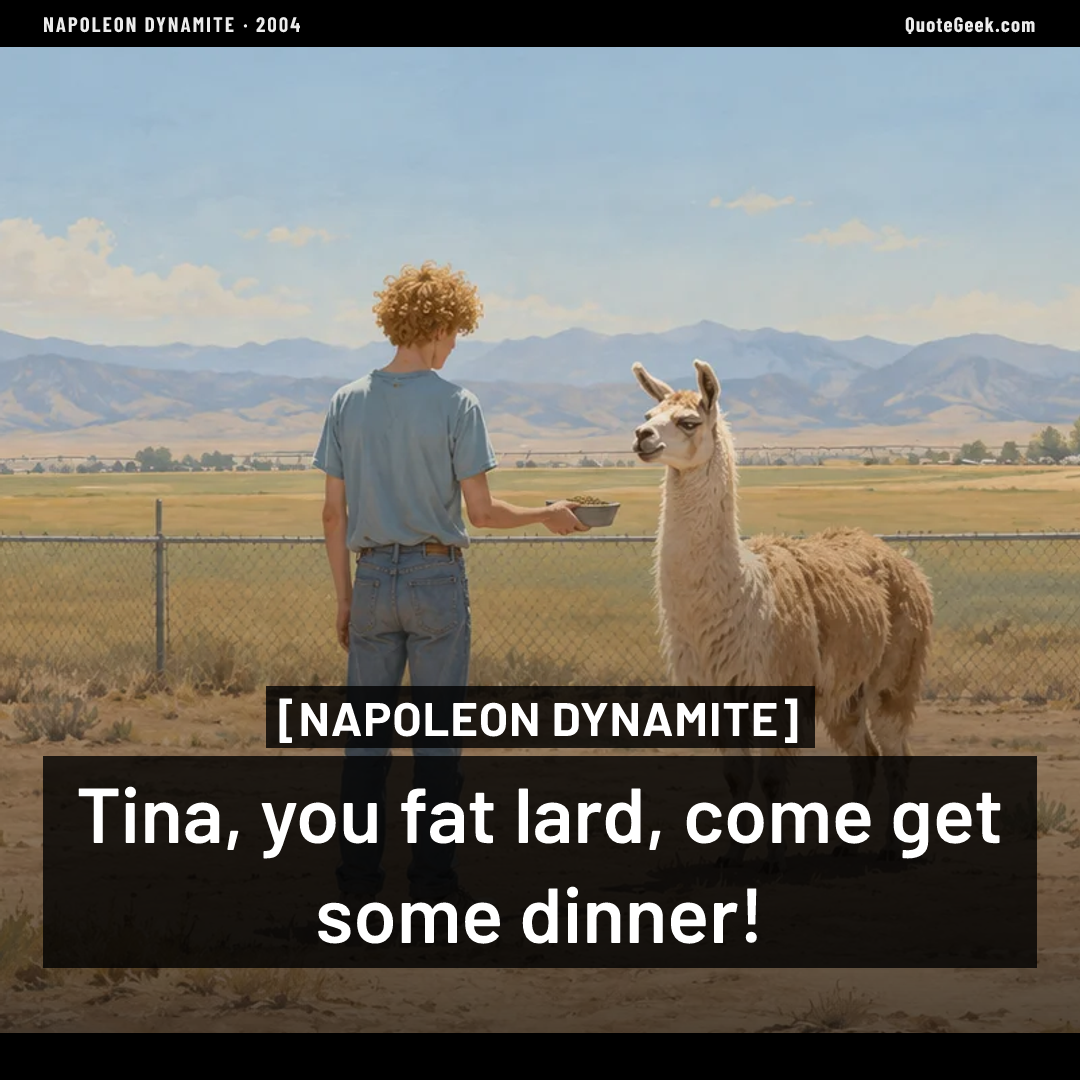 “Tina, you fat lard, come get some dinner!” — Napoleon Dynamite. Illustrated QuoteGeek card.