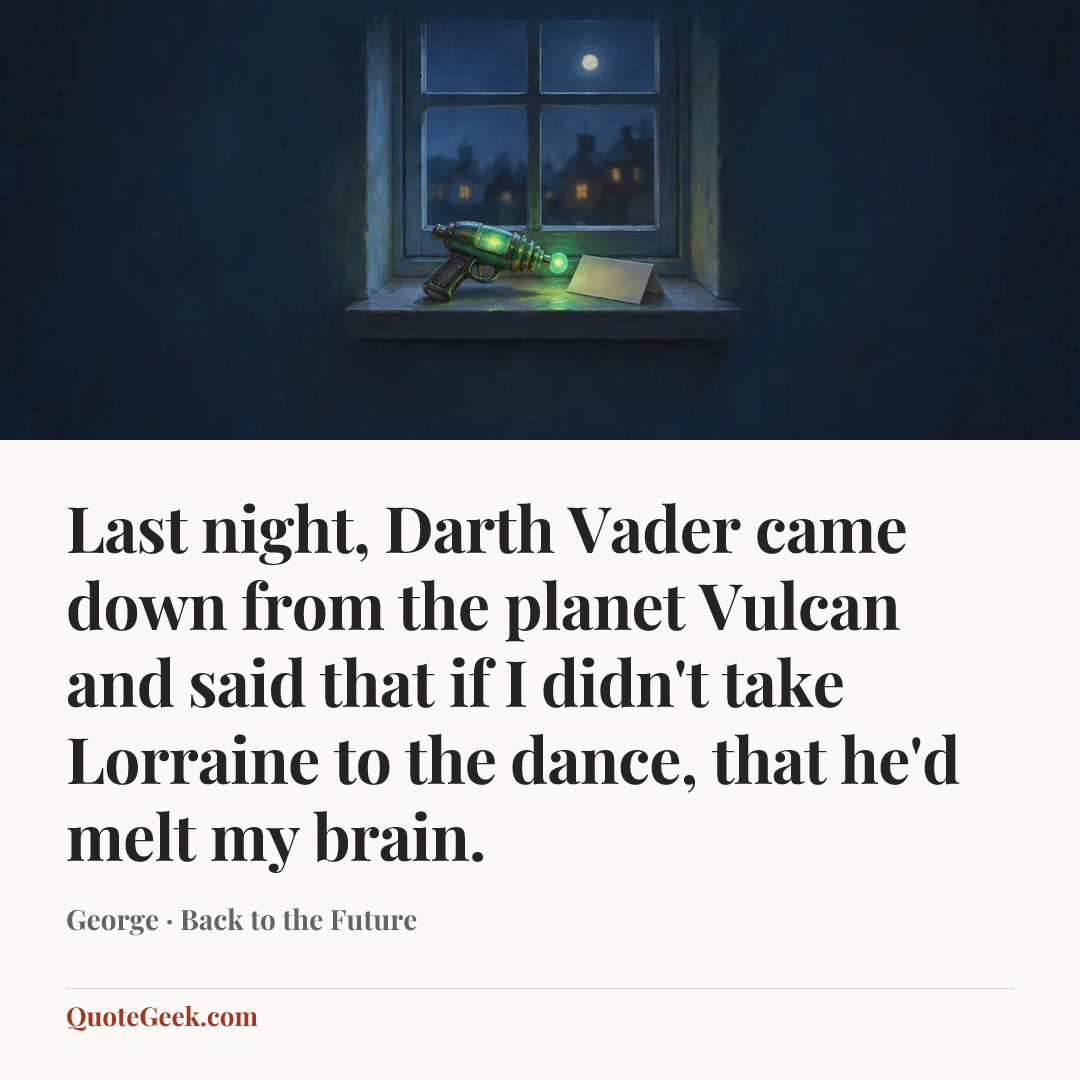 “Last night, Darth Vader came down from the planet Vulcan and said that if I didn't take Lorraine to the dance, that he'd melt my brain.” — George · Back to the Future. Illustrated QuoteGeek card.