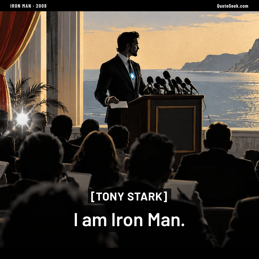 “I am Iron Man.” — Tony Stark · Iron Man. Illustrated QuoteGeek card.
