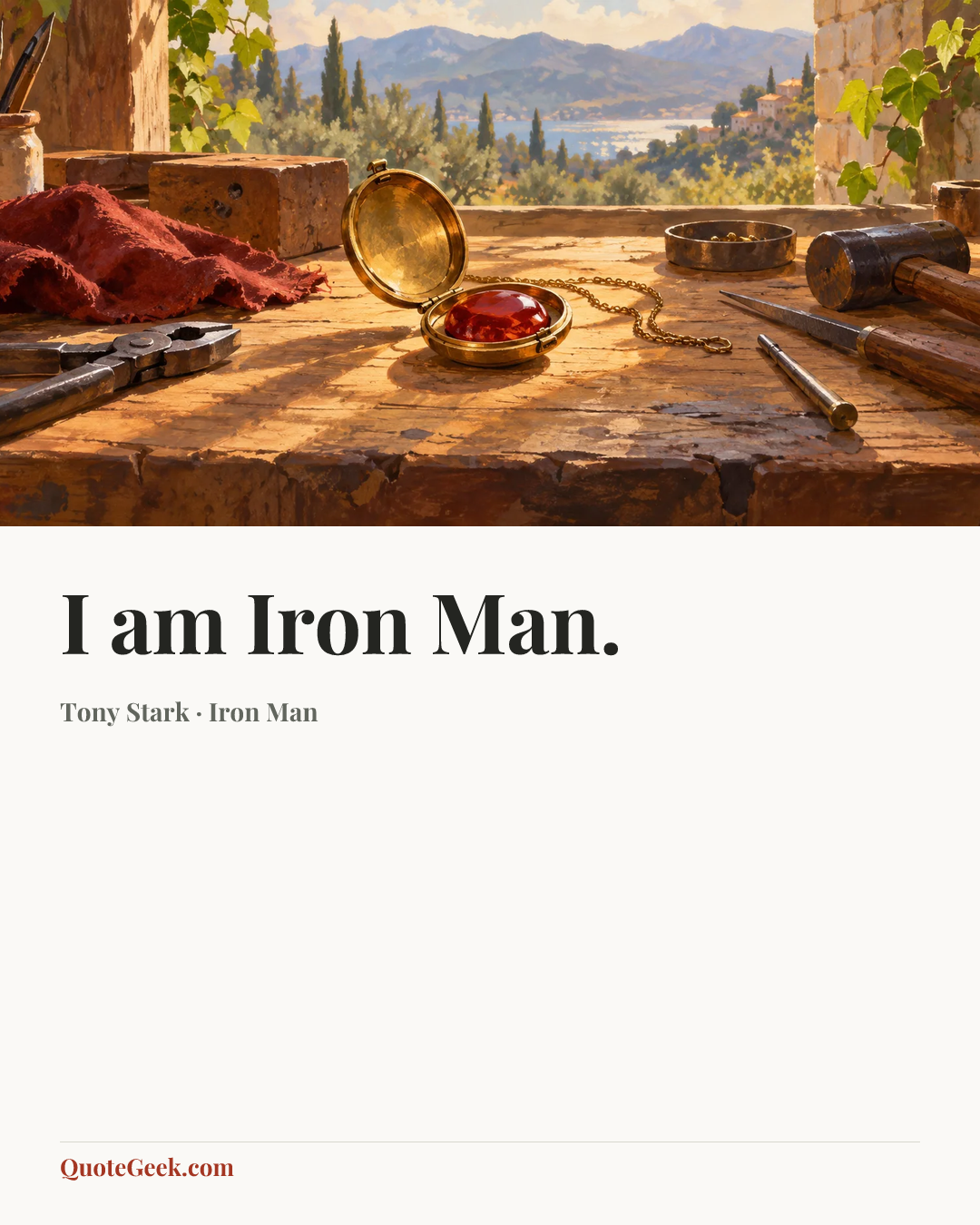 “I am Iron Man.” — Tony Stark · Iron Man. Illustrated QuoteGeek card.