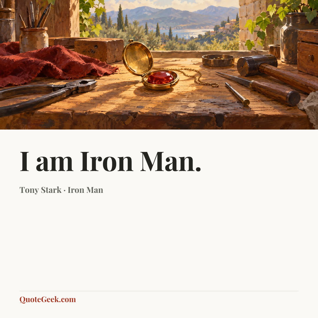 “I am Iron Man.” — Tony Stark · Iron Man. Illustrated QuoteGeek card.