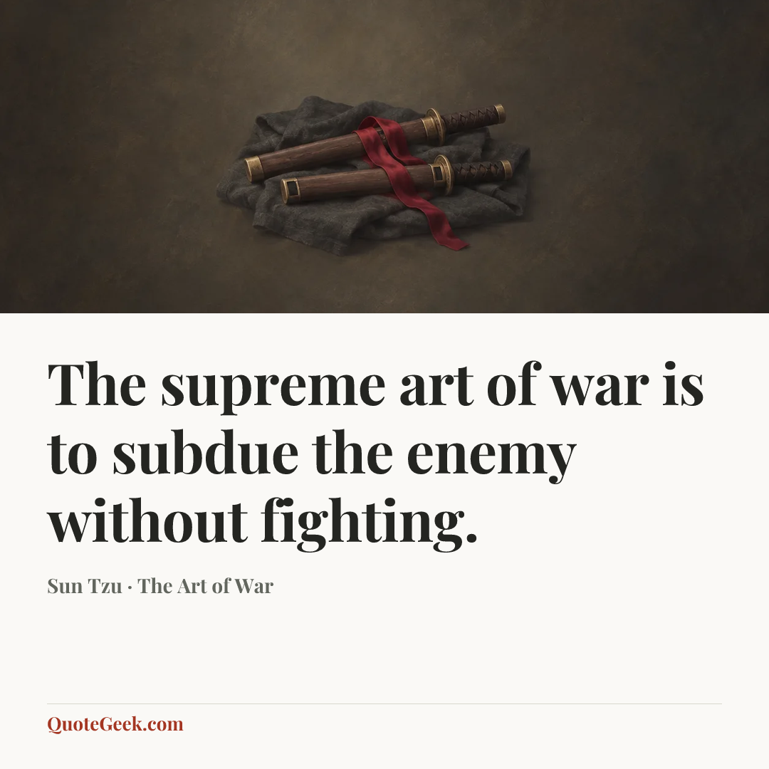 “The supreme art of war is to subdue the enemy without fighting.” — Sun Tzu · The Art of War. Illustrated QuoteGeek card.