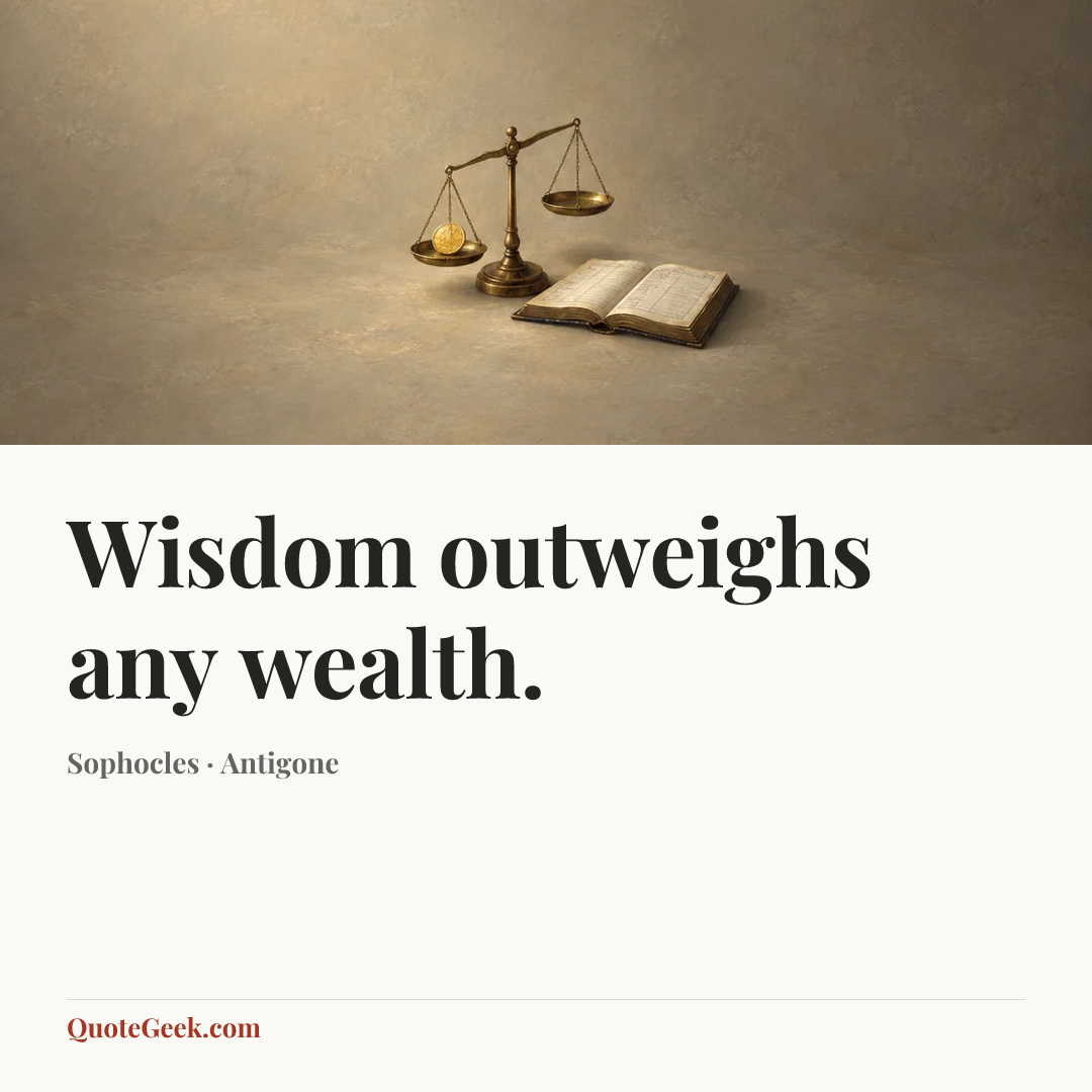 “Wisdom outweighs any wealth.” — Sophocles · Antigone. Illustrated QuoteGeek card.
