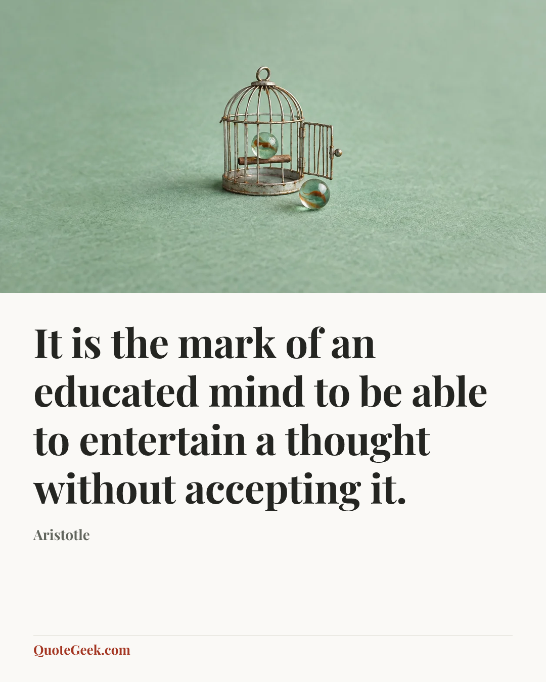 “It is the mark of an educated mind to be able to entertain a thought without accepting it.” — Aristotle. Illustrated QuoteGeek card.
