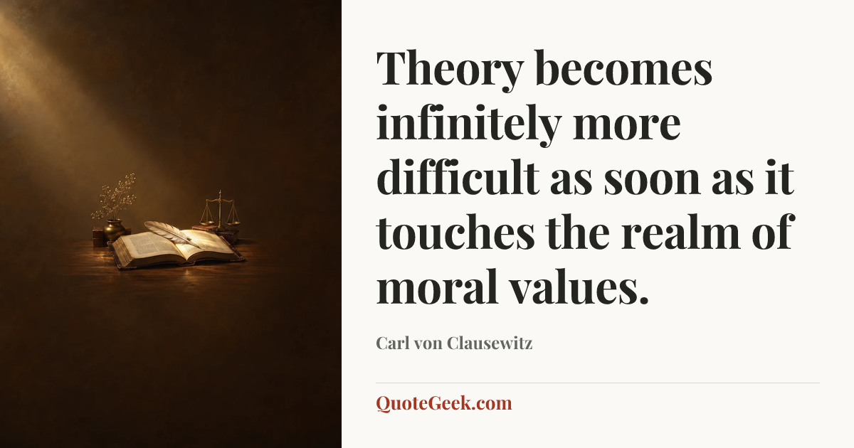 “Theory becomes infinitely more difficult as soon as it touches the realm of moral values.” — Carl von Clausewitz. Illustrated QuoteGeek card.