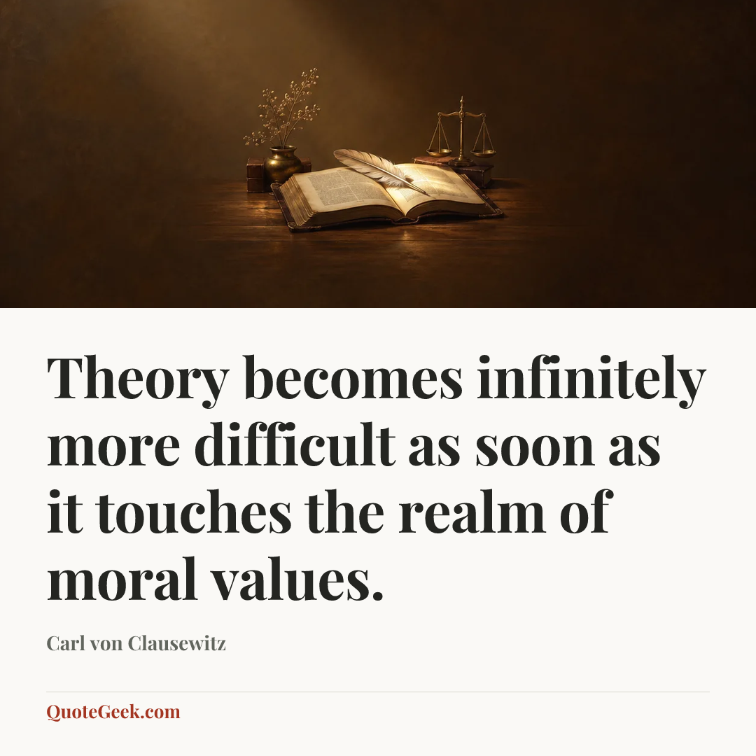 “Theory becomes infinitely more difficult as soon as it touches the realm of moral values.” — Carl von Clausewitz. Illustrated QuoteGeek card.
