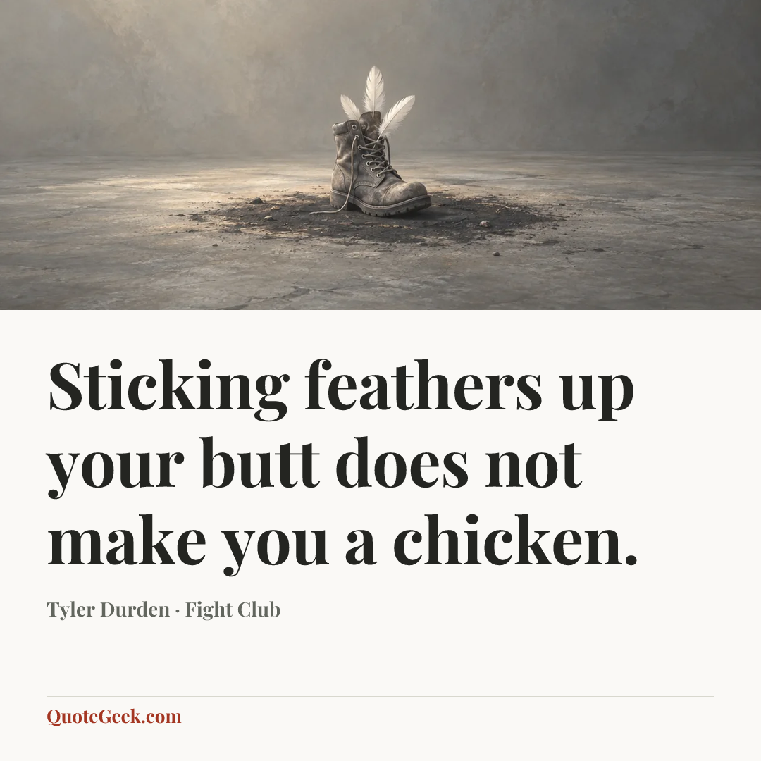 “Sticking feathers up your butt does not make you a chicken.” — Tyler Durden · Fight Club. Illustrated QuoteGeek card.