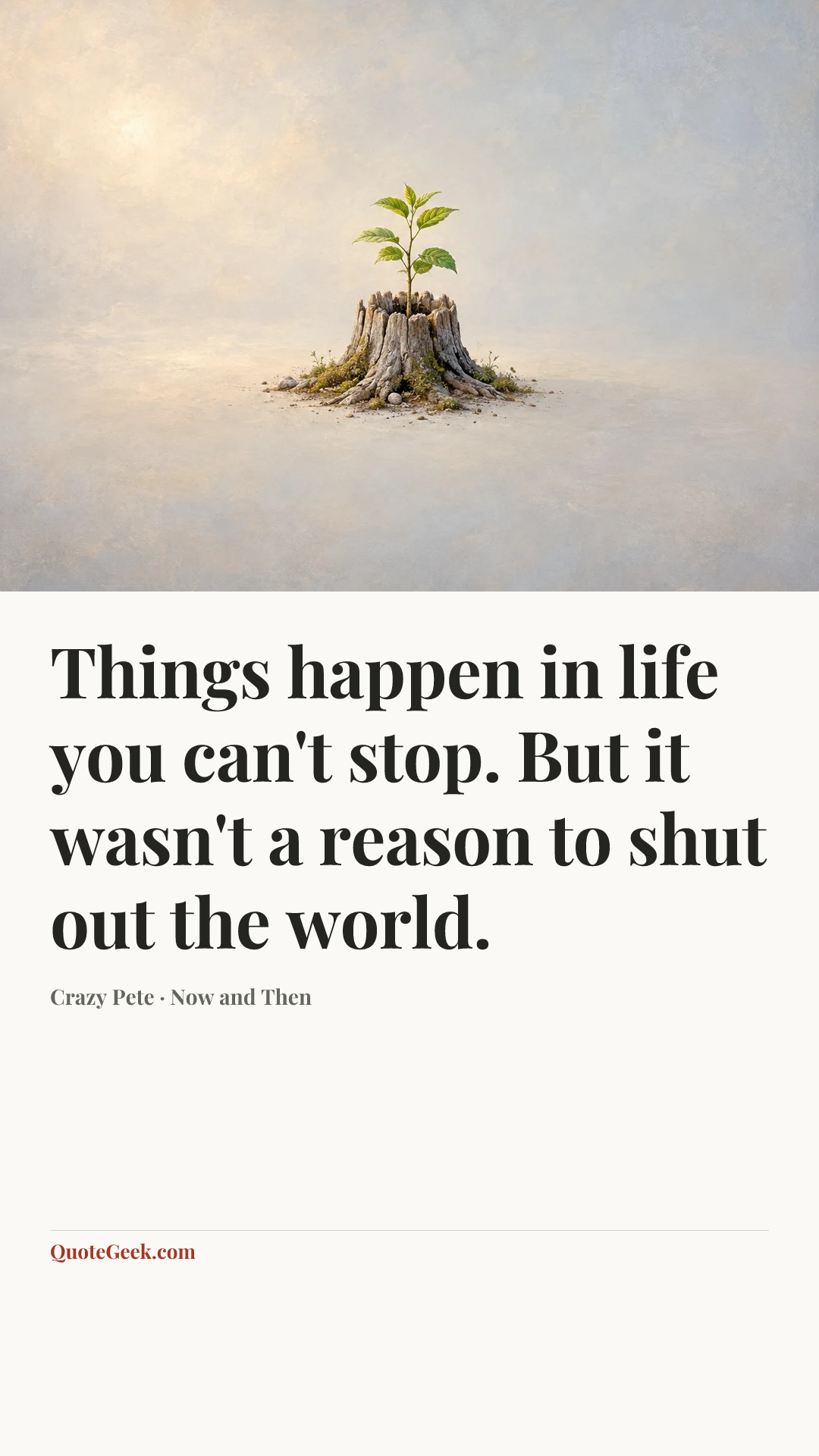 “Things happen in life you can't stop. But it wasn't a reason to shut out the world.” — Crazy Pete · Now and Then. Illustrated QuoteGeek card.
