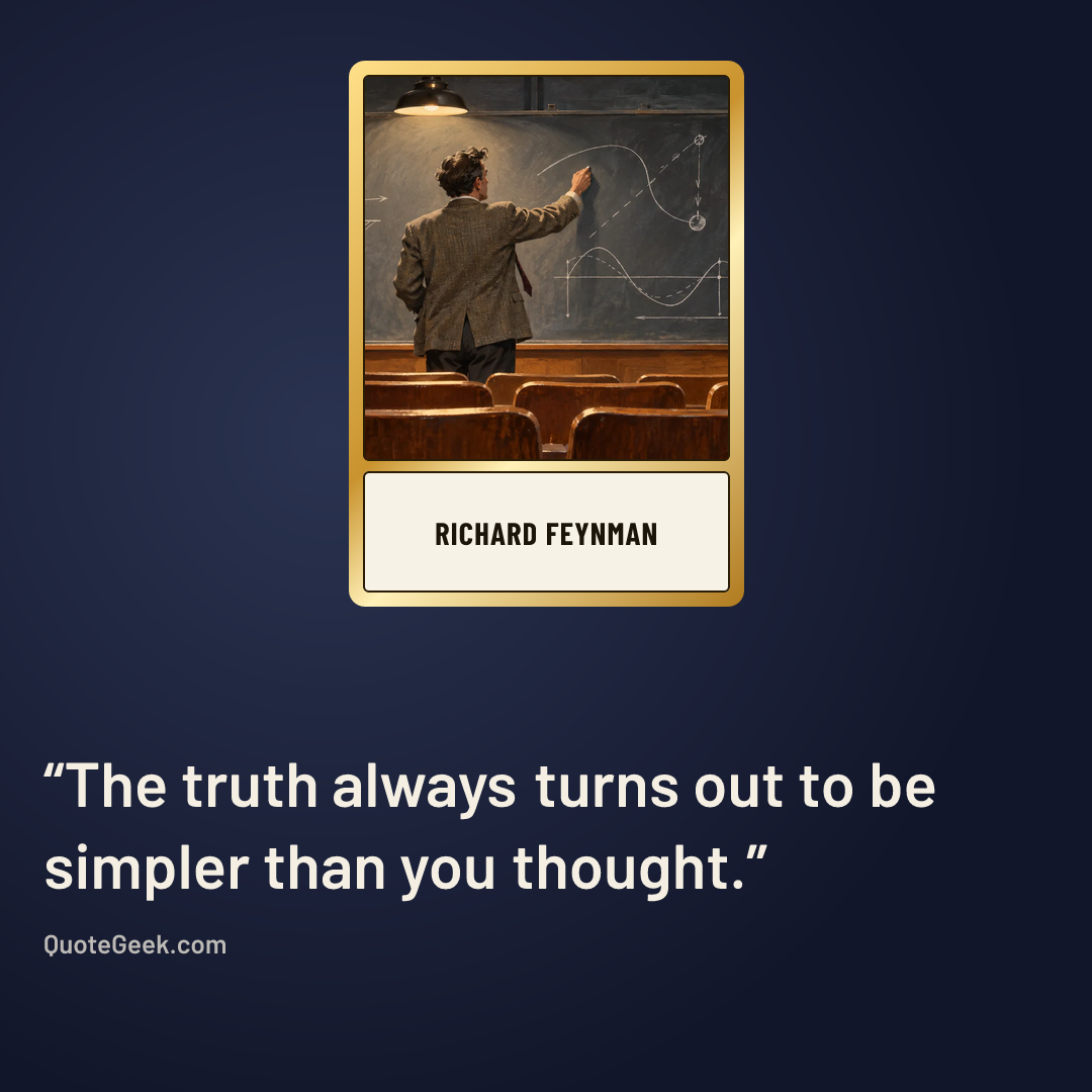 “The truth always turns out to be simpler than you thought.” — Richard Feynman. Illustrated QuoteGeek card.