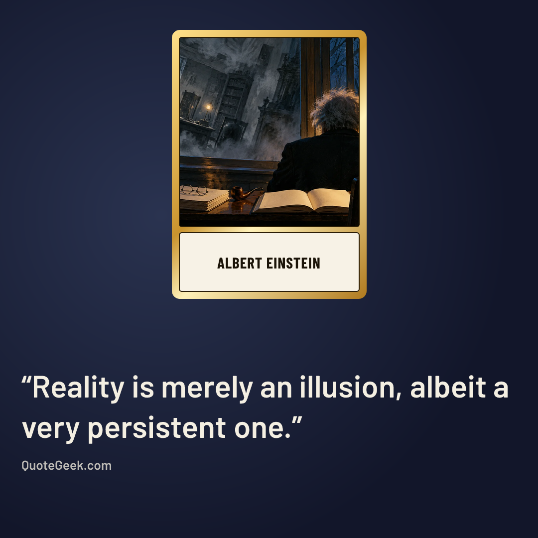 “Reality is merely an illusion, albeit a very persistent one.” — Albert Einstein. Illustrated QuoteGeek card.