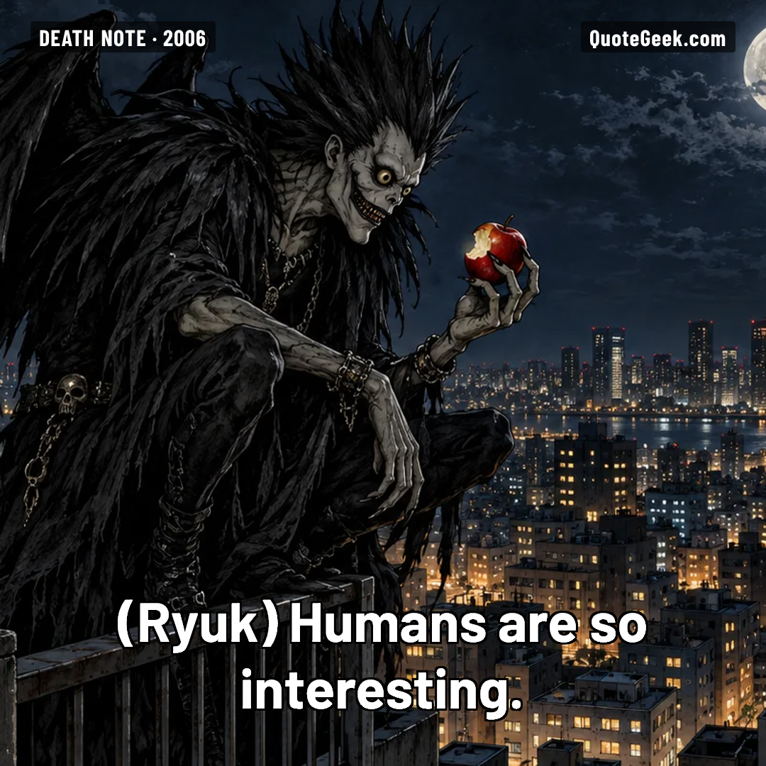 “Humans are so interesting.” — Ryuk · Death Note. Illustrated QuoteGeek card.