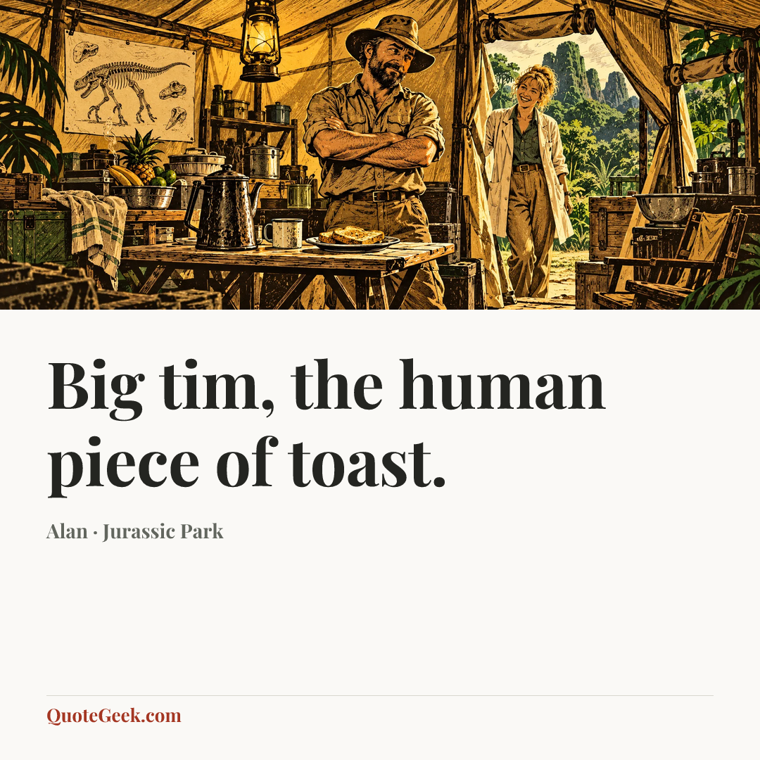 “Big tim, the human piece of toast.” — Alan · Jurassic Park. Illustrated QuoteGeek card.