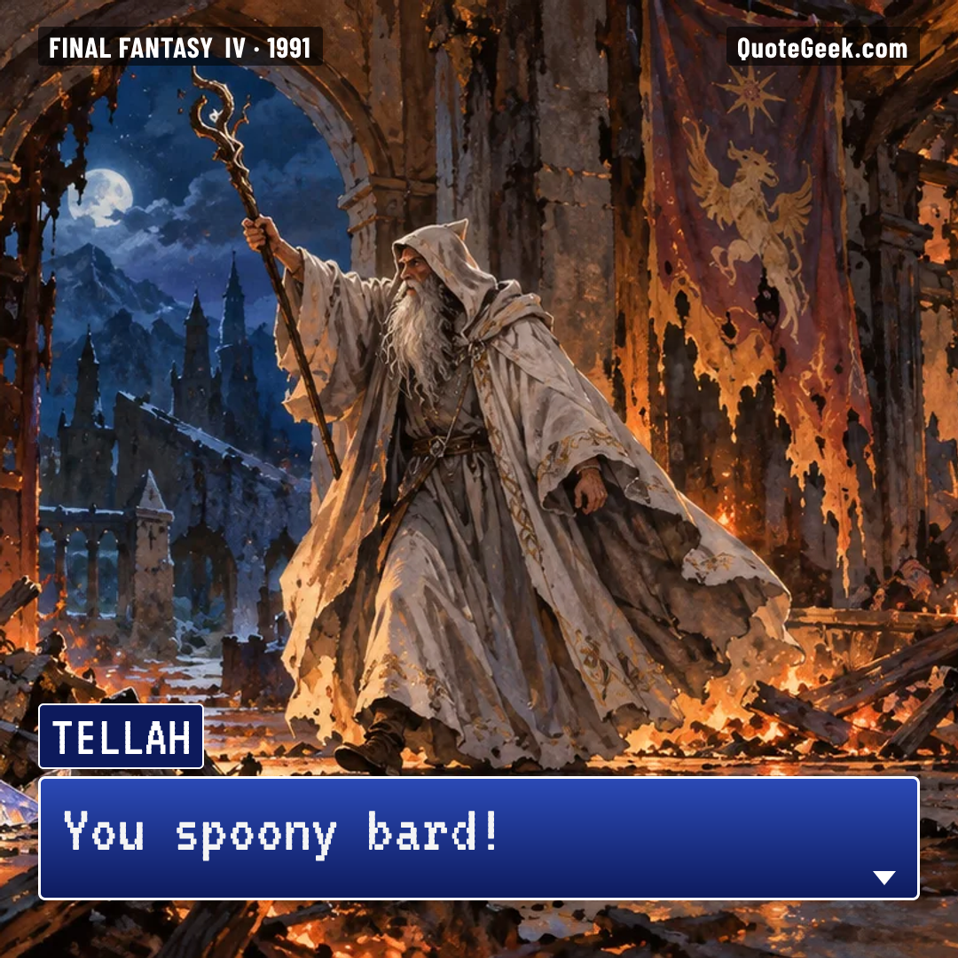 “You spoony bard!” — Tellah · Final Fantasy IV. Illustrated QuoteGeek card.