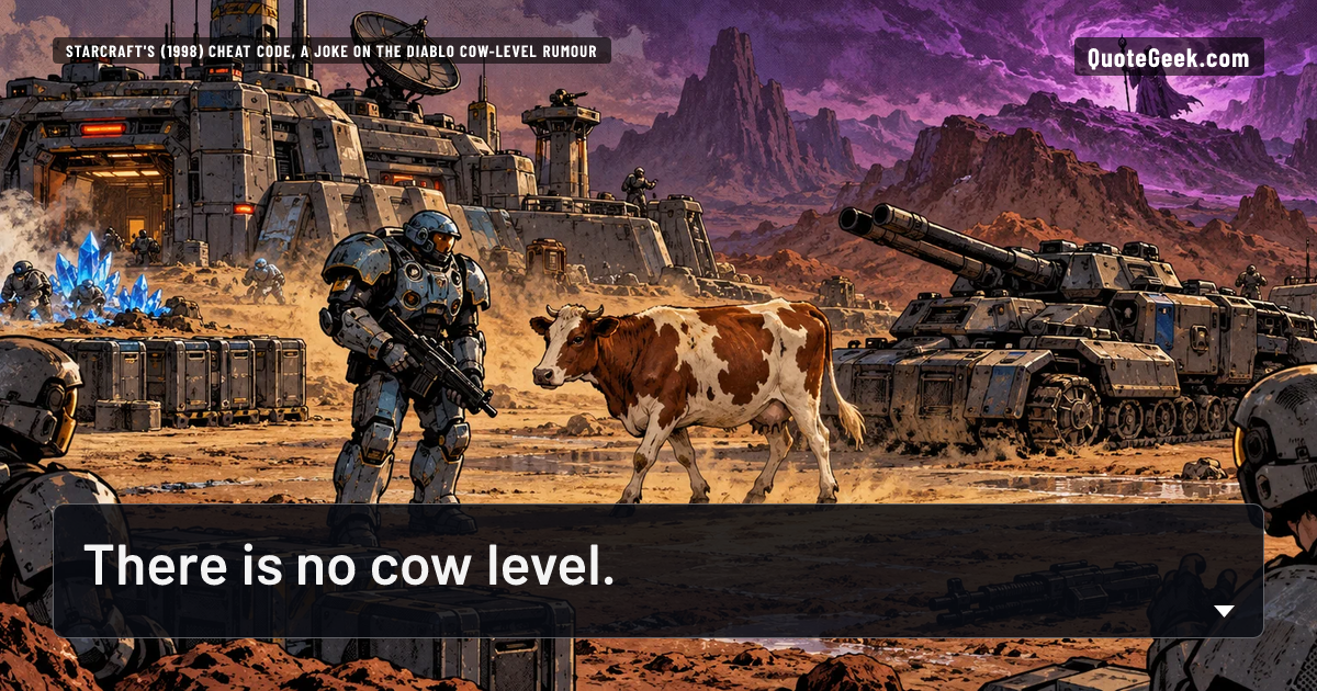 “There is no cow level.” — StarCraft's (1998) cheat code, a joke on the Diablo cow-level rumour · StarCraft. Illustrated QuoteGeek card.