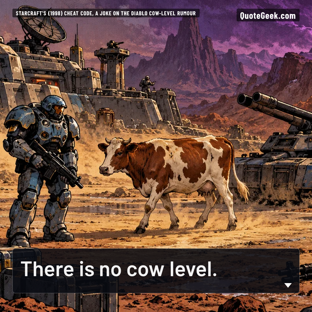 “There is no cow level.” — StarCraft's (1998) cheat code, a joke on the Diablo cow-level rumour · StarCraft. Illustrated QuoteGeek card.