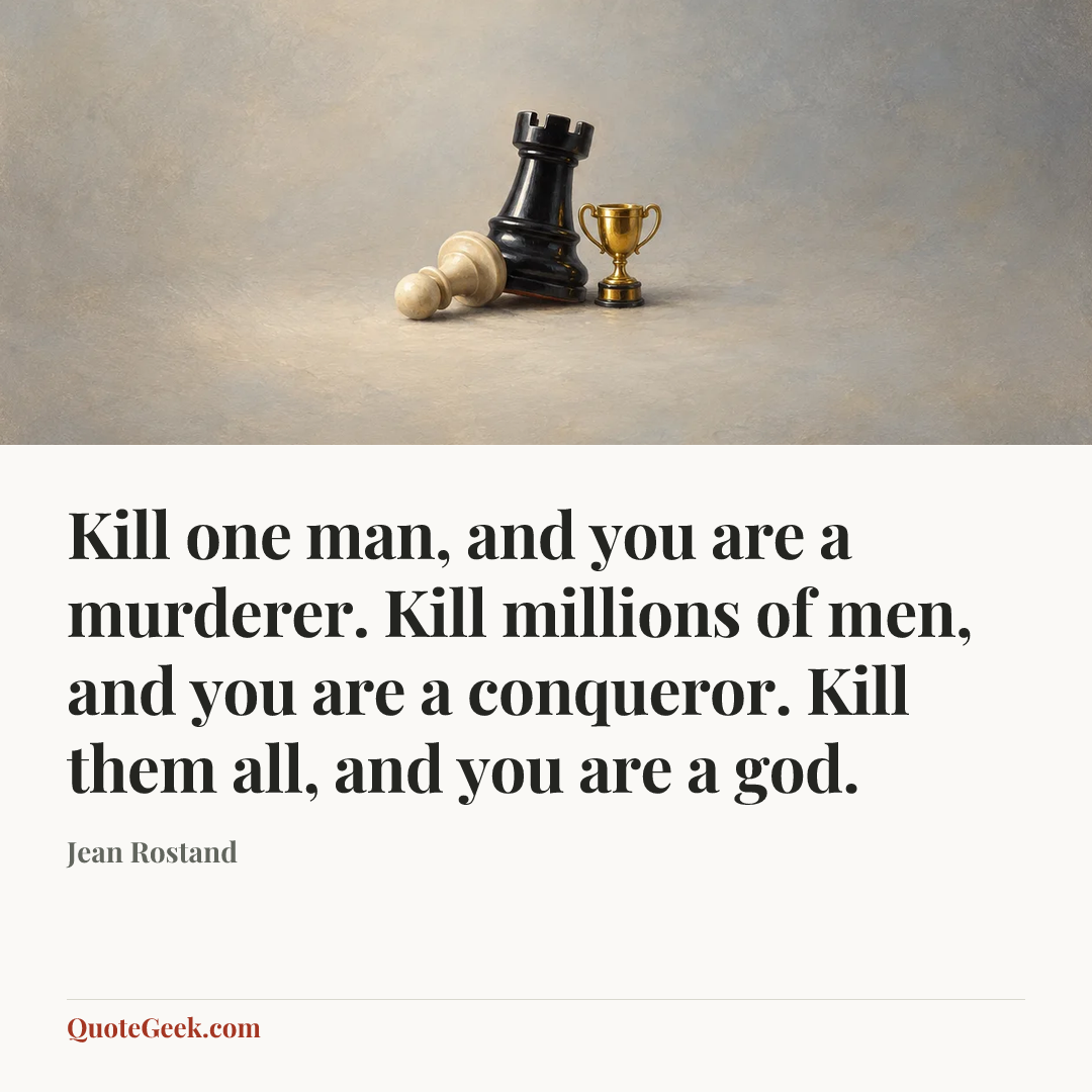 “Kill one man, and you are a murderer. Kill millions of men, and you are a conqueror. Kill them all, and you are a god.” — Jean Rostand. Illustrated QuoteGeek card.