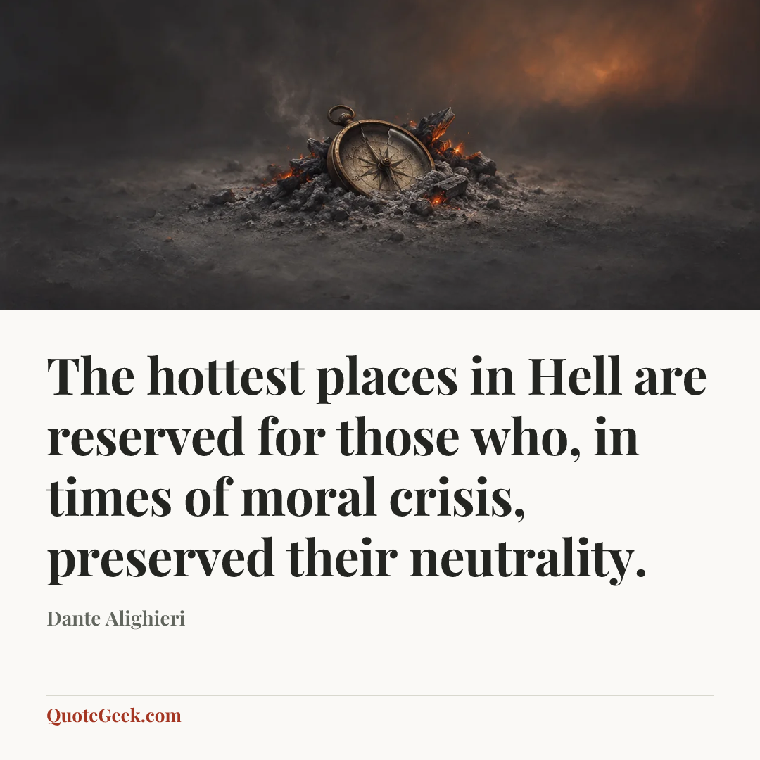 “The hottest places in Hell are reserved for those who, in times of moral crisis, preserved their neutrality.” — Dante Alighieri. Illustrated QuoteGeek card.