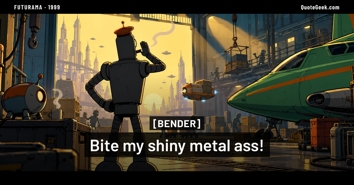 “Bite my shiny metal ass!” — Bender · Futurama. Illustrated QuoteGeek card.